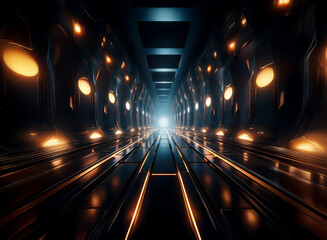 Aufkleber - Abstract background image featuring a futuristic corridor with glowing lights and bokeh effects.  The dark, metallic walls are lined with illuminated circular panels, creating a sense of depth and per