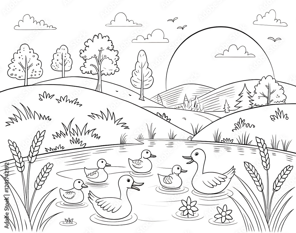 Drawing Of Ducks Pond Trees Rolling Hills Scenic Landscape