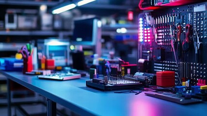 Aufkleber - a focused shot of a workstation illuminated by bright led lights showing an array of tools and parti