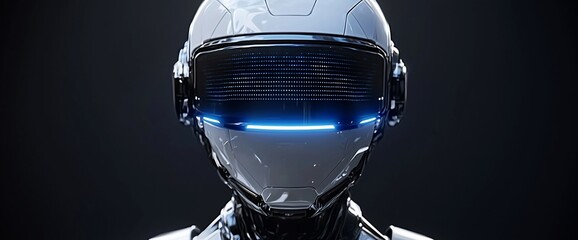 Poster - Close-up of a futuristic robot's head with glowing visor.
