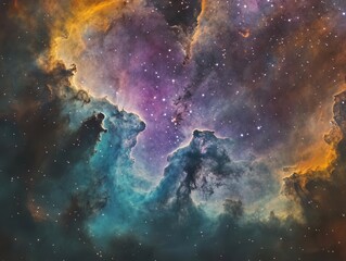 Wall Mural - deep space nebula with swirling cosmic clouds in vibrant purples and teals, distant stars twinkling 
