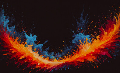 Poster - a painting of a fire with blue, orange and red splatters. the painting is dark and the colors are vi