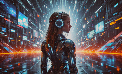 Poster - A woman in a futuristic outfit stands in front of a wall of screens. The image is a futuristic, sci-fi style piece with a lot of bright colors and neon lights. The woman is wearing headphones