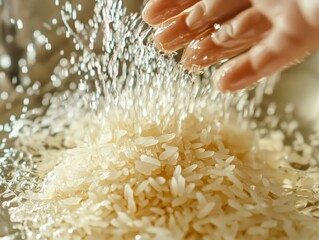 Wall Mural - Handful of rice grains being washed under running water. Featuring clean and fresh rice grains. Emphasizing hygiene and preparation in cooking. Ideal for cooking tutorials and health blogs.