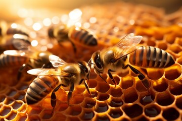 Poster - honey bees producing honey on a honeycomb in a beehive with warm sunlight