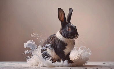 Poster - A rabbit is standing in a spray of white foam. The rabbit is black and white and has a curious look on its face. The scene is playful and whimsical, with the rabbit seemingly enjoying the spray of