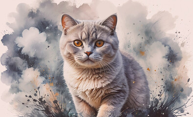 Poster - A cat is sitting in a field with a cloudy sky in the background. The cat is looking at the camera with a curious expression