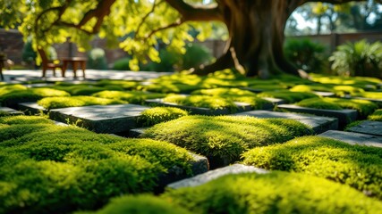 A close-up of lush green moss growing between textured gray stone tiles, bathed in sunlight, a large tree casting a gentle shadow in the background.