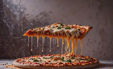 Aufkleber - A slice of pizza with cheese dripping from it. The pizza is on a table and the cheese is falling off the slice