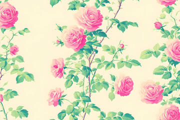  Elegant seamless pattern of pink roses and green leaves on a cream background. Perfect for wallpaper, fabric, and various design projects.