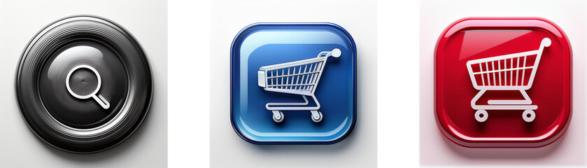 Poster - three glossy buttons: a search icon, and two shopping carts in blue and red. online shopping, search