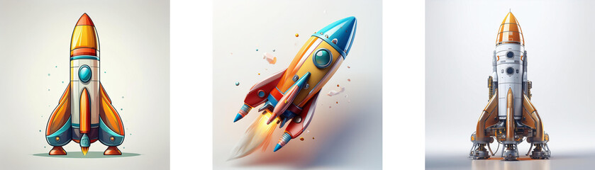 Leinwandbilder - Three stylized rockets, each with unique color schemes and designs, ready for launch.  One rocket shows motion blur.