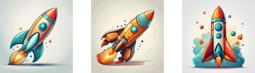 Leinwandbilder - Three cartoon rockets in various stages of flight; one intact, one damaged, and one launching. A vibrant illustration perfect for children 's books or educational materials.