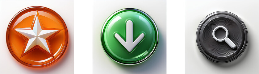 Aufkleber - Three glossy circular buttons display distinct symbols: a star, a downward arrow, and a magnifying glass.  Each button features a contrasting color scheme and a raised, three-dimensional effect.