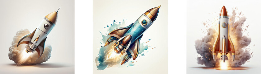 Poster - Three rockets launch, showcasing different stages of flight. One blasts off, another ascends, and the third soars through space.  The artwork is vibrant and dynamic.