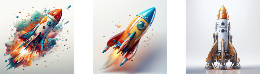 Poster - Three vibrant rocket illustrations; one explodes in colorful paint, another soars with a fiery trail, and a third stands ready for launch.  A creative exploration of space travel and artistic expressi