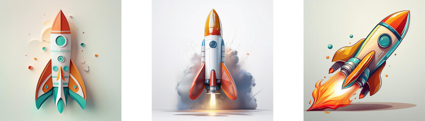 Leinwandbilder - Three colorful rockets, ready for launch, showcase vibrant designs and dynamic movement against a simple backdrop.