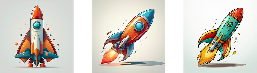 Poster - Three cartoon rockets, varying in color and design, are shown, ready for launch or in flight.  One is vertical, others are angled, suggesting motion and speed.