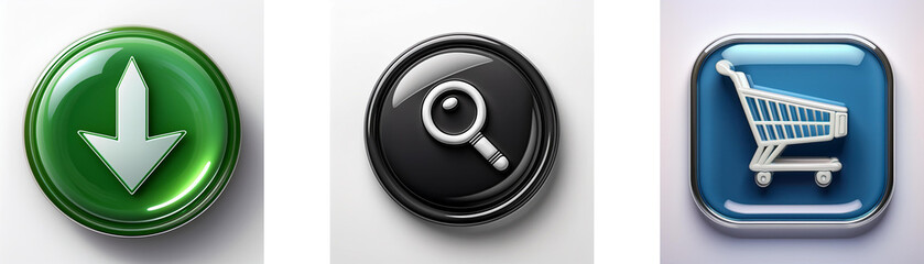 Aufkleber - Three glossy buttons display download, search, and shopping cart icons.  Simple, modern interface design elements.