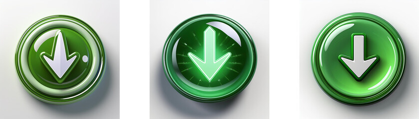 Aufkleber - Three glossy green circular buttons feature a downward-pointing arrow; variations in arrow design and button shine.