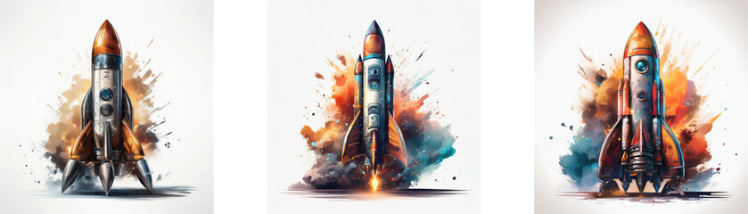 Leinwandbilder - Triptych of rockets launching, depicted in vibrant watercolor style, showcasing powerful takeoff and dynamic energy.