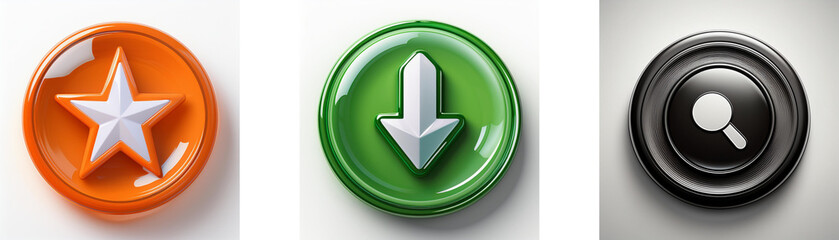 Aufkleber - Three glossy circular buttons feature a star, downward arrow, and magnifying glass.  These icons represent rating, download, and search functions.