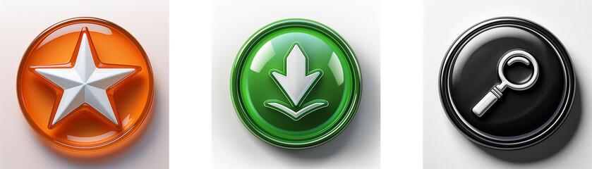 Aufkleber - Three glossy circular buttons feature a star, a download arrow, and a magnifying glass.  Each button displays a contrasting icon on a colored background.