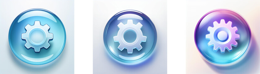 Aufkleber - Three glossy circular icons, each featuring a cogwheel in varying pastel hues.  The design is minimalist and sleek, suggesting settings or options.