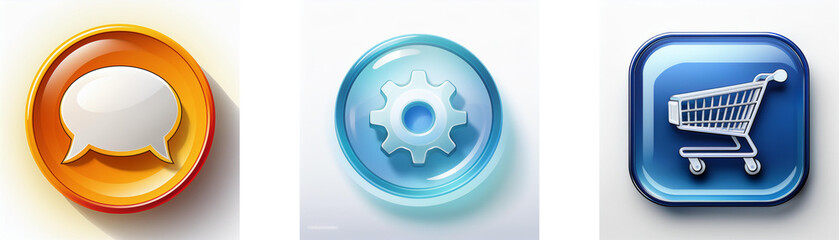 Poster - Three glossy buttons: orange chat bubble, blue gear, and blue shopping cart.  Representing communication, settings, and e-commerce.