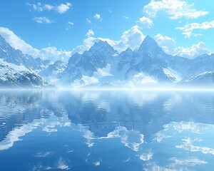 Canvas Print - Serene mountain lake reflecting snowy peaks under a bright sky.