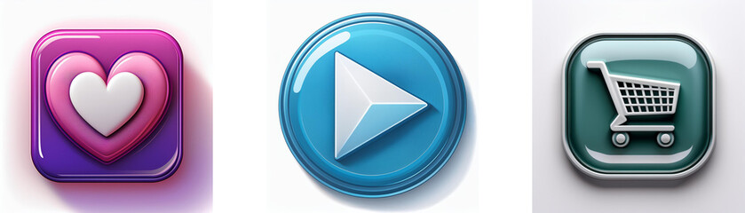 Leinwandbilder - Three glossy buttons: a heart, a play symbol, and a shopping cart.  Simple, colorful, and appealing icons.