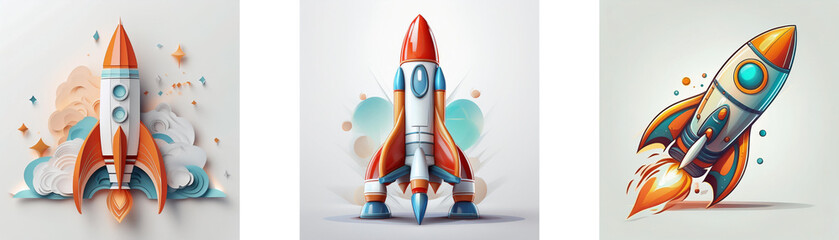 Poster - Three stylized rockets, poised for launch, are depicted against colorful, abstract backgrounds.  They represent adventure, innovation, and speed.