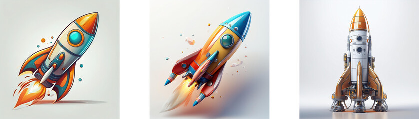 Leinwandbilder - Three colorful rockets, each with unique designs and styles, are shown against a simple background.  They represent various stages of space exploration and launch.