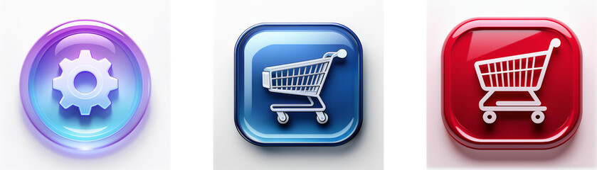 Poster - Three glossy buttons: settings gear, blue shopping cart, and red shopping cart.  Represents online shopping and app settings.