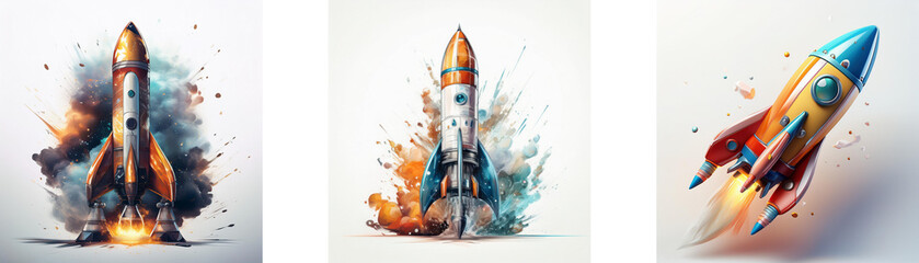 Poster - Three rockets launching, vibrant colors, dynamic explosion effects,  representing  speed, innovation, and success.