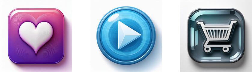 Poster - Three glossy buttons: heart, play, shopping cart.  Modern interface design elements.