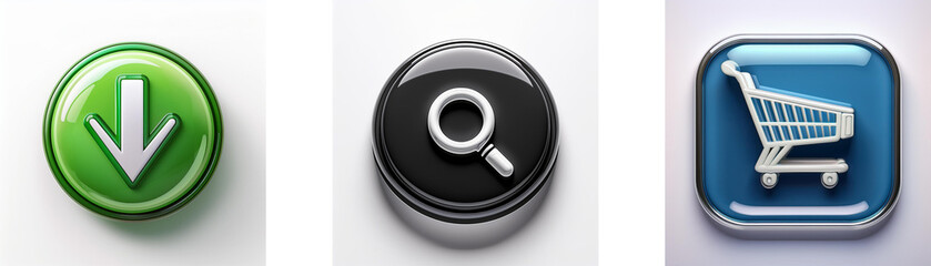 Aufkleber - Three glossy buttons feature download, search, and shopping cart icons.  Simple, intuitive interface elements.