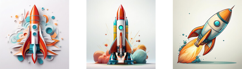 Leinwandbilder - Three vibrant rockets, depicted in various artistic styles, symbolize launch, innovation, and creativity.  Each rocket has a unique design and background.