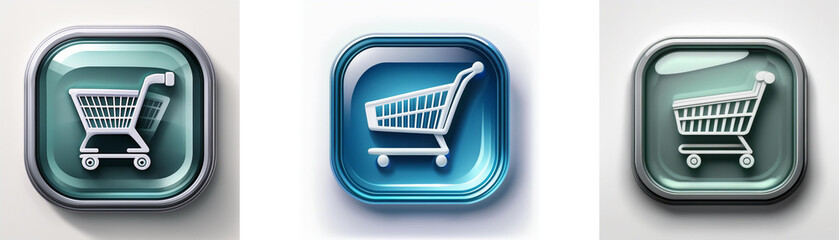 Poster - three glossy square buttons feature a shopping cart icon; teal, blue, and gray variations.