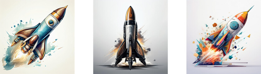Poster - Three rockets, depicted in watercolor-like styles, launch into space.  One is mid-flight, another is just beginning its ascent, and a third is in powerful motion.
