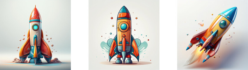Poster - Three vibrant cartoon rockets, ready for launch, displayed against a light background.  Each rocket boasts a unique color scheme and design, showcasing playful details.