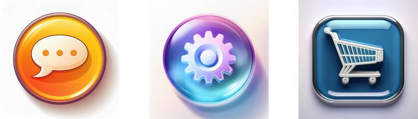 Poster - Three glossy buttons depict communication, settings, and shopping cart icons.  Modern, vibrant, and user-friendly design.