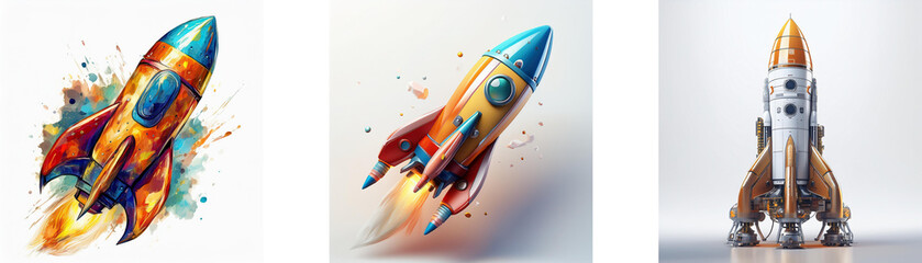 Leinwandbilder - Three vibrant rockets, each with unique designs and color schemes, are depicted against contrasting backgrounds.  One rocket bursts with colorful watercolor splashes, another streaks across a soft gra