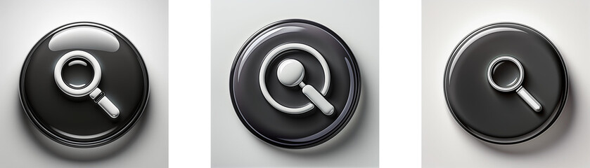 Poster - Three glossy black circular buttons feature a magnifying glass icon in varying styles.  The icons are silver/gray.