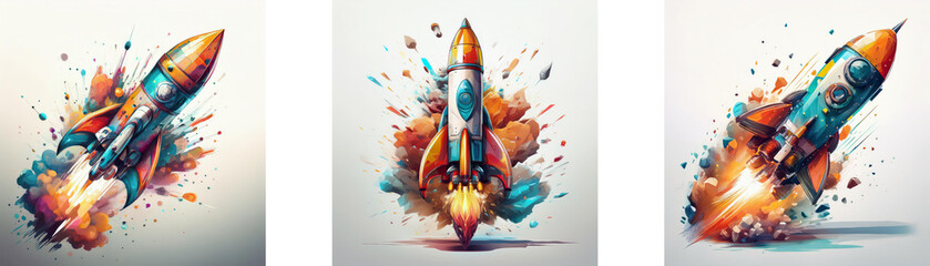 Poster - Three vibrant rockets launch, leaving colorful trails and explosions.  Dynamic and energetic, symbolizing progress and innovation.
