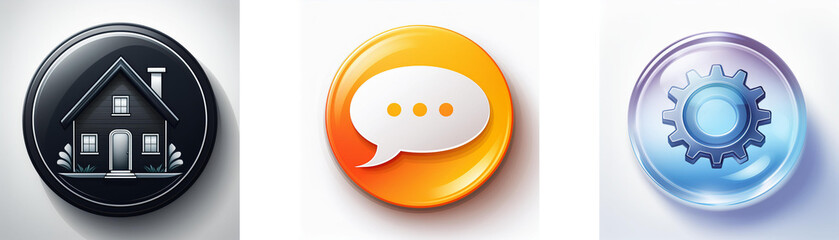 Poster - Three glossy circular buttons depict a house, speech bubble, and gear; representing home, communication, and settings.