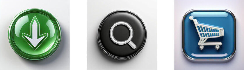 Aufkleber - Three glossy buttons depict download, search, and shopping cart icons.  Simple, yet effective visual representations of online actions.