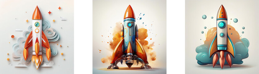 Poster - Three stylized rockets, each with unique color schemes and background elements, represent launching, growth, and progress.