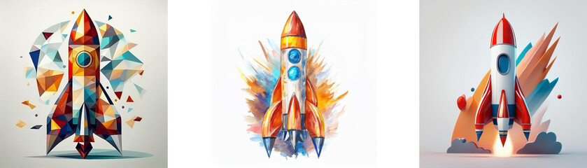 Leinwandbilder - Three stylized rocket illustrations; geometric, splash, and launch styles.  Vibrant colors and dynamic designs symbolize innovation and progress.