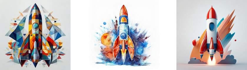 Aufkleber - Three vibrant rocket illustrations showcase diverse artistic styles; geometric, watercolor splash, and minimalist launch.